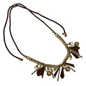 J. Crew Black and Brown Cord with Gold Chain Wood Crystal Adjustable Necklace